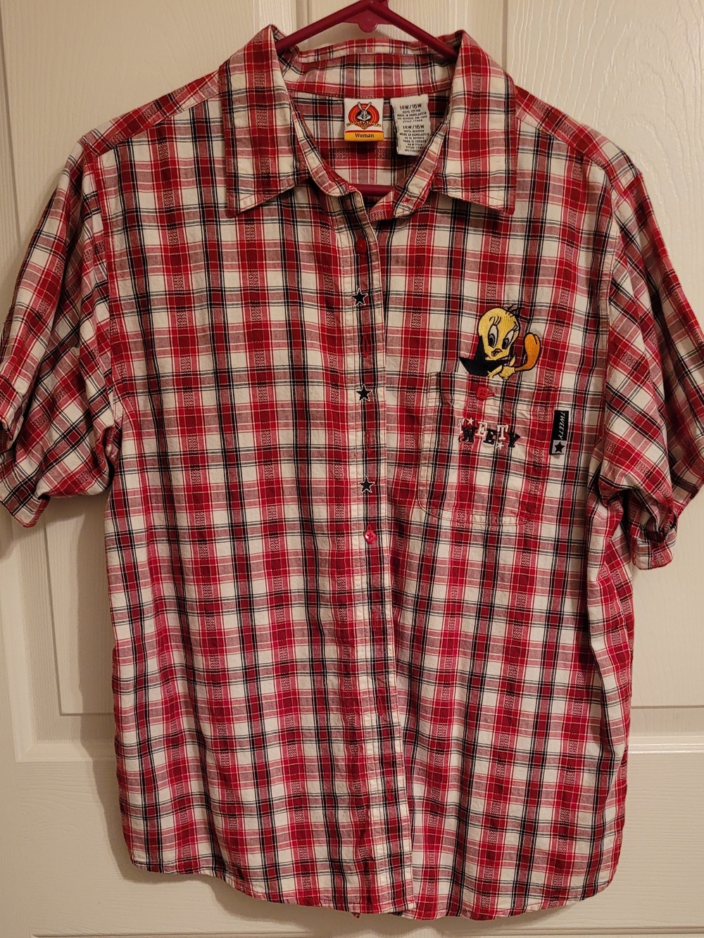 Looney Tunes Tweety Red Plaid Short-Sleeve Button-Down Shirt